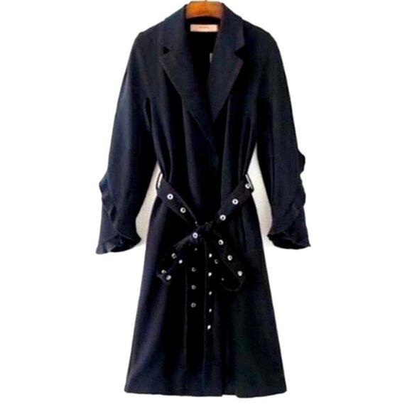 Zara Navy Blue Ruffled Sleeve Belted Wrap Midi Trench Coat Duster - Picture 3 of 10